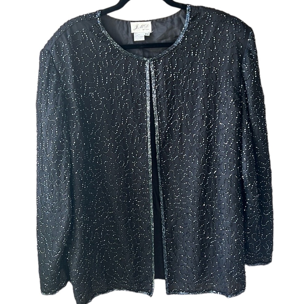 Vintage JMD Women’s Black 100% Silk Fully Sequined Evening Jacket Topper. 3X